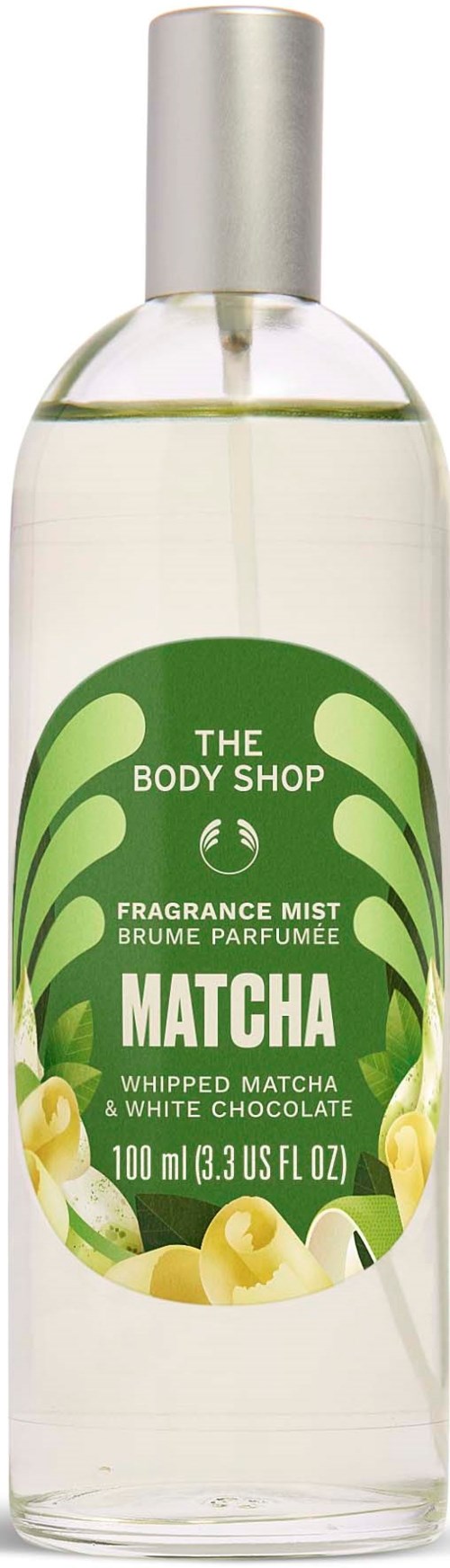 Fragrance mist with matcha, whipped matcha, and white chocolate scent in clear bottle with green label.