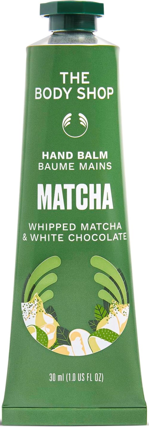 Grüne Tube mit Handbalsam mit Matcha-Geschmack, weißes und grünes Design, Produktdetails in Weiß.