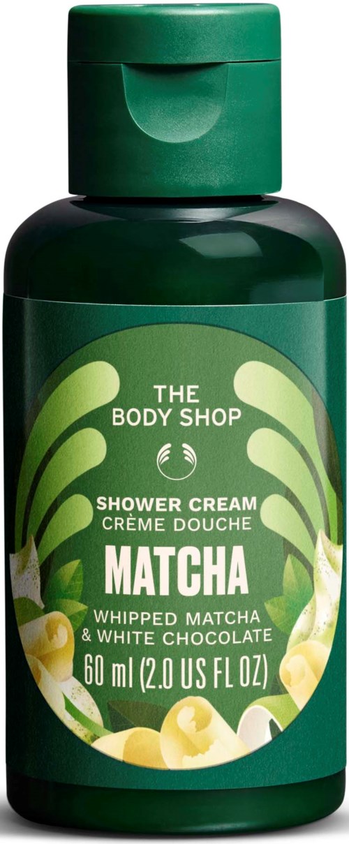En grön flaska med The Body Shop Matcha duschkräm med vispad matcha och vit choklad, 60 ml, frontal vy.