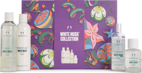 Visa White Musk Collection-produkter inklusive flaskor och förpackning med färgglad blom- och abstrakt konstbakgrund.