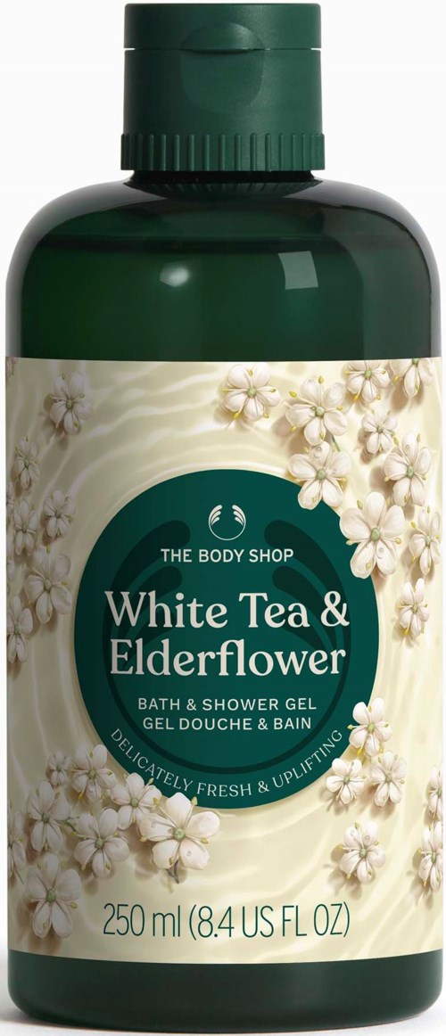 En grønn flaske med kroppsvask merket White Tea & Elderflower med blomsterdesign, inneholder 250 ml badegel.