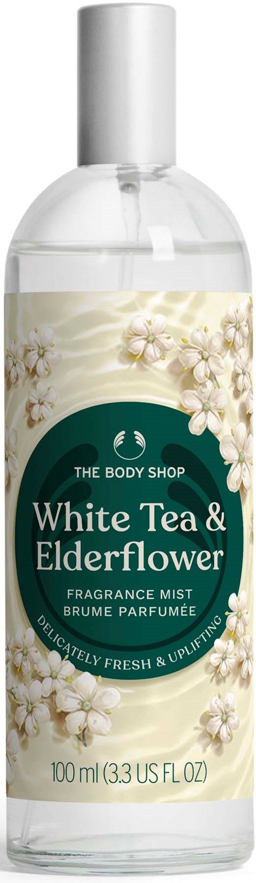 Kirkas tuoksusuihkepullo, jossa valkoinen kansi, nimeltä White Tea & Elderflower, sisältää 100 ml.