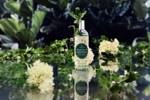 Pieni Elderflower-luonnostölasi vihreiden lehtien ja valkoisten kukkien ympäröimänä, pehmeä tausta ja heijastus kiiltävässä pinnassa.