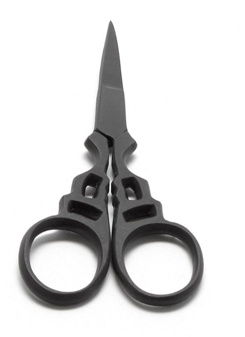 Small black scissors with curved blades and round handles. They look sharp and are used for cutting fabric or paper.