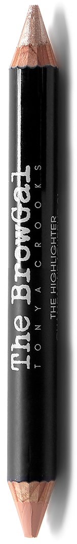 En dobbeltsidet svart eyelinerpenn med hvit tekst, merket 'The BrowGal' og 'The Highlighter.'