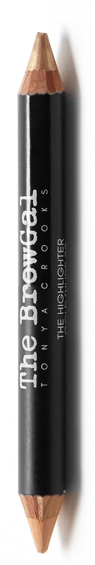 En svart tosidig highlighterpenn med beige spiss i hver ende og teksten "The BrowBeater".