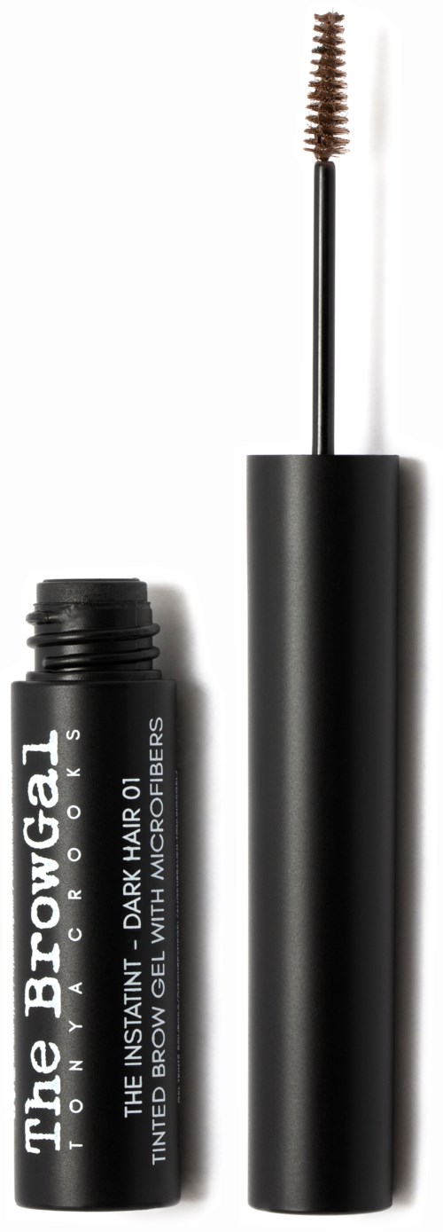 En svart mascara-tube med børste, merket "The BrowGal" og "TINTED BROW GEL WITH MICROFIBERS."