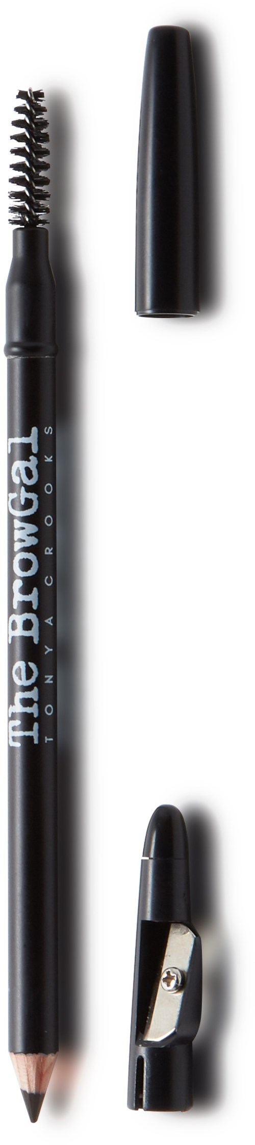 En ögonbrynspenna med spoolie-borste, ett tydligt lock och en pencil sharpen.