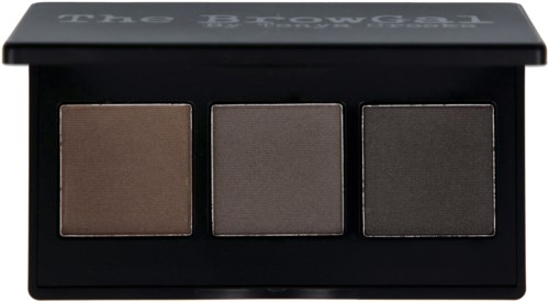 Tre ögonskuggfärger i en svart palett märkta "The BrowGal" med svart lock.