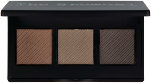 Tri-färgad ögonskuggapedal med brunt, beige och mörka nyanser i ett svart foderal.