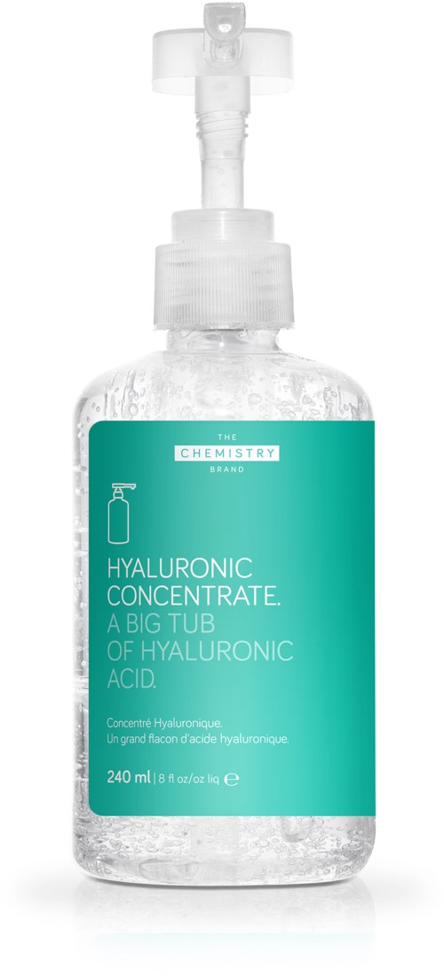 A clear hand sanitizer spray bottle with a light blue label saying 'Hyaluronic Concentrate' and 'Big Tub of Hyaluronic Acid.'