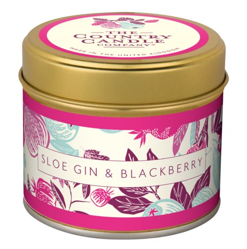 En rund behållare med gulddopp och färgglad blomsterdesign. Den är märkt 'Sloe Gin & Blackberry'.