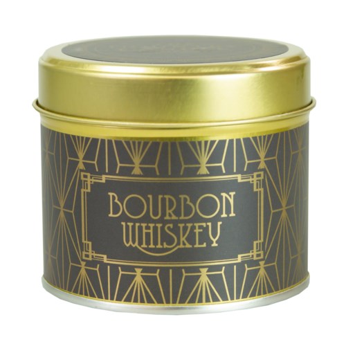 En rund, guldfärgad metallburk med en mörk etikett som säger "Bourbon Whiskey" i guldskrift.