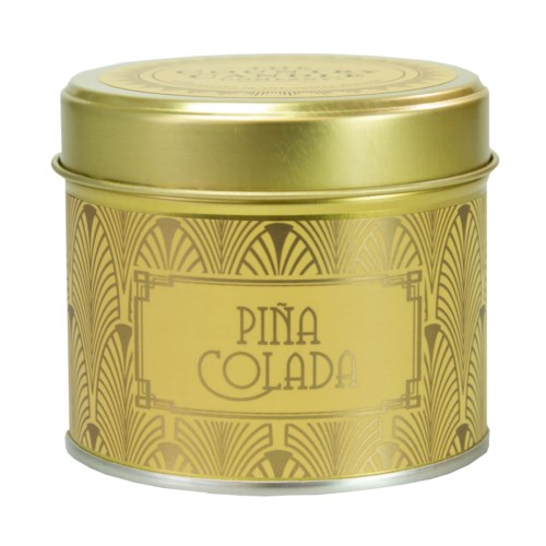 Detta är en rund, guldfärgad burk med dekorativa mönster och texten "Piña Colada" på framsidan.