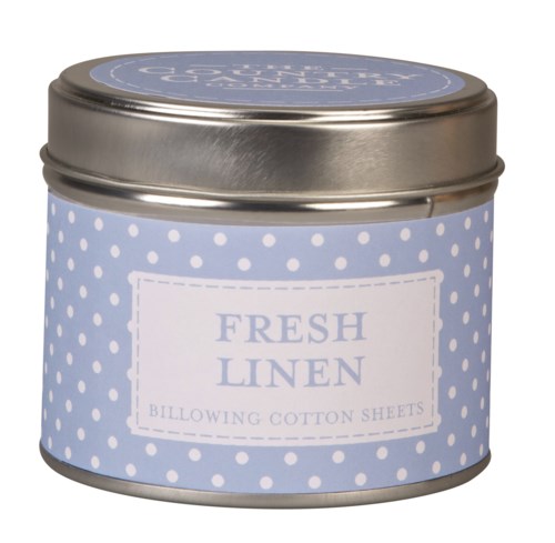En rund metallburk med blå och vit prickig design, märkt "FRESH LINEN" och "BILLOWING COTTON SHEETS."