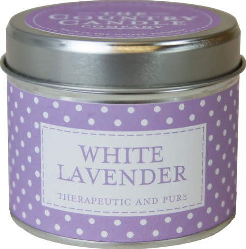 En liten cylindrisk burk med lila etikett och vita prickar. Etiketten säger 'White Lavender' och 'Therapeutic and Pure' i lila text.