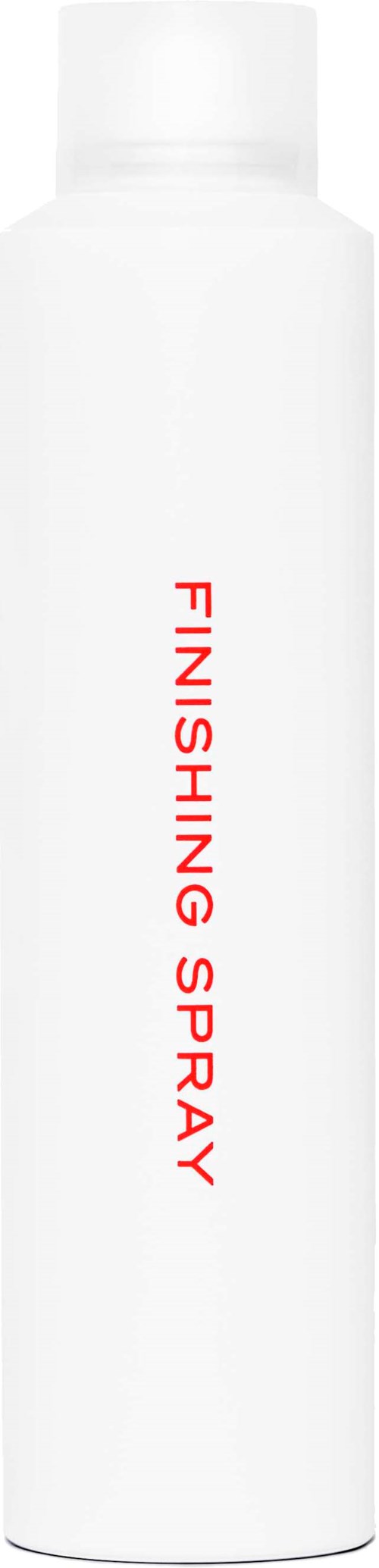 En vit sprayflaska med röd text som säger 'Finishing Spray' i mitten.