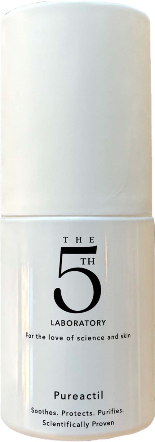 Valkoinen pullo, jossa musta teksti: 'The 5th Laboratory,' 'For the love of science and skin,' ja 'Pureactl.'