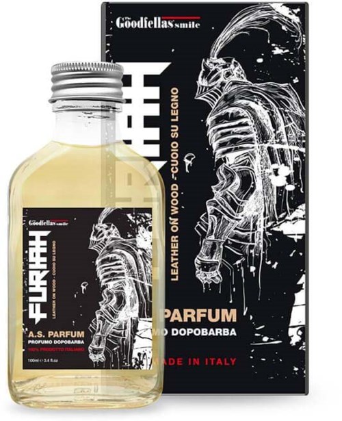 Ein Parfümflasche mit schwarzem Etikett, das eine weiße Skelettzeichnung und fettigen weißen Text zeigt. Die Flasche und Verpackung haben italienische Herkunft.