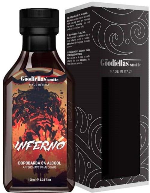 En liten brun flaska med svart lock och eldliknande konstverk, märkt "Inferno" och "aftershave" på italienska, bredvid en svart förpackning.