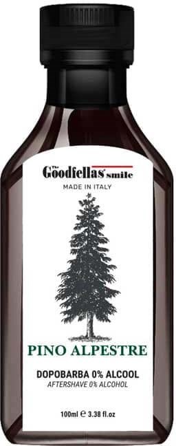 En brun flaske med svart lokk, merket 'Pino Alpestre' aftershave, laget i Italia, uten alkohol, 100 ml.