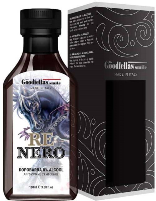 En liten flaska aftershave med drakmotiv på etiketten, bredvid sin dekorativa svarta ask.