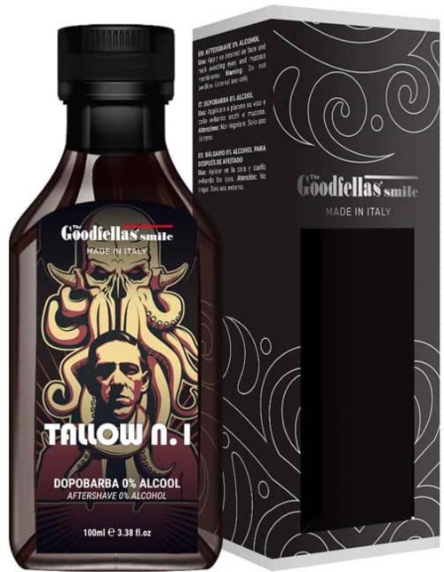 Pieni pullo, jossa lukee "TALLOW N.1", alkoholiton aftershave, ja musta laatikko, jossa on valkoisia koristeellisia kiehkuria.