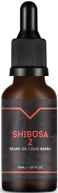 Liten brun flaska med pipettlock, märkt 'SHIBOSA 2 Beard Oil.'