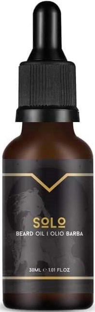 Kleine braune Flasche mit schwarzen Tropfer, beschriftet Solo Beard Oil.