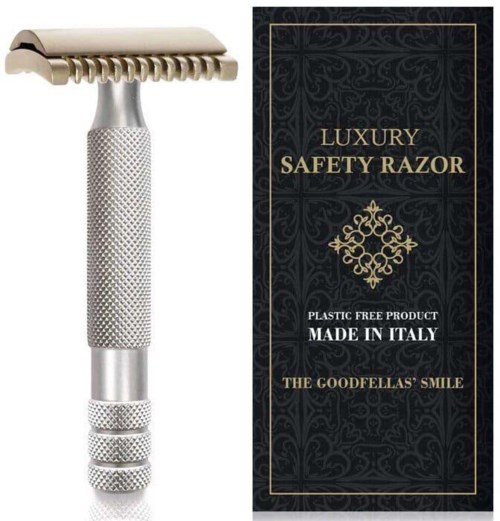 Ein Luxus-Sicherheitsrasierer mit strukturiertem Griff, neben einer Box mit "Luxury Safety Razor" und "Made in Italy".