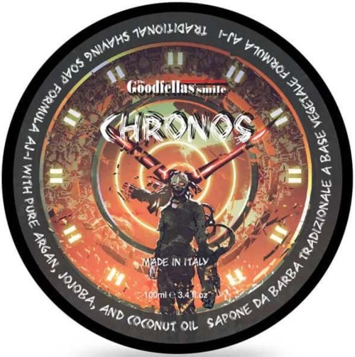 En rund klokkelignende design med en brandmand, ildbaggrund og tekst om en sæbe kaldet 'Chronos' og 'Goodfellas'