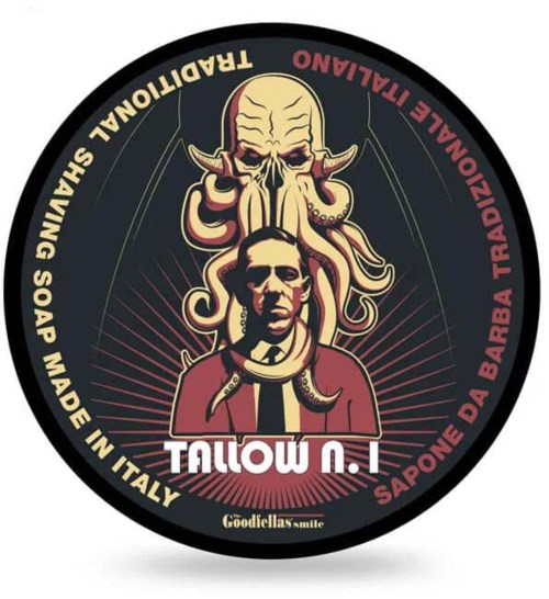 Een logo met een vrouw en een octopus, omgeven door tekst over zeep en Italië, met een donkere achtergrond.