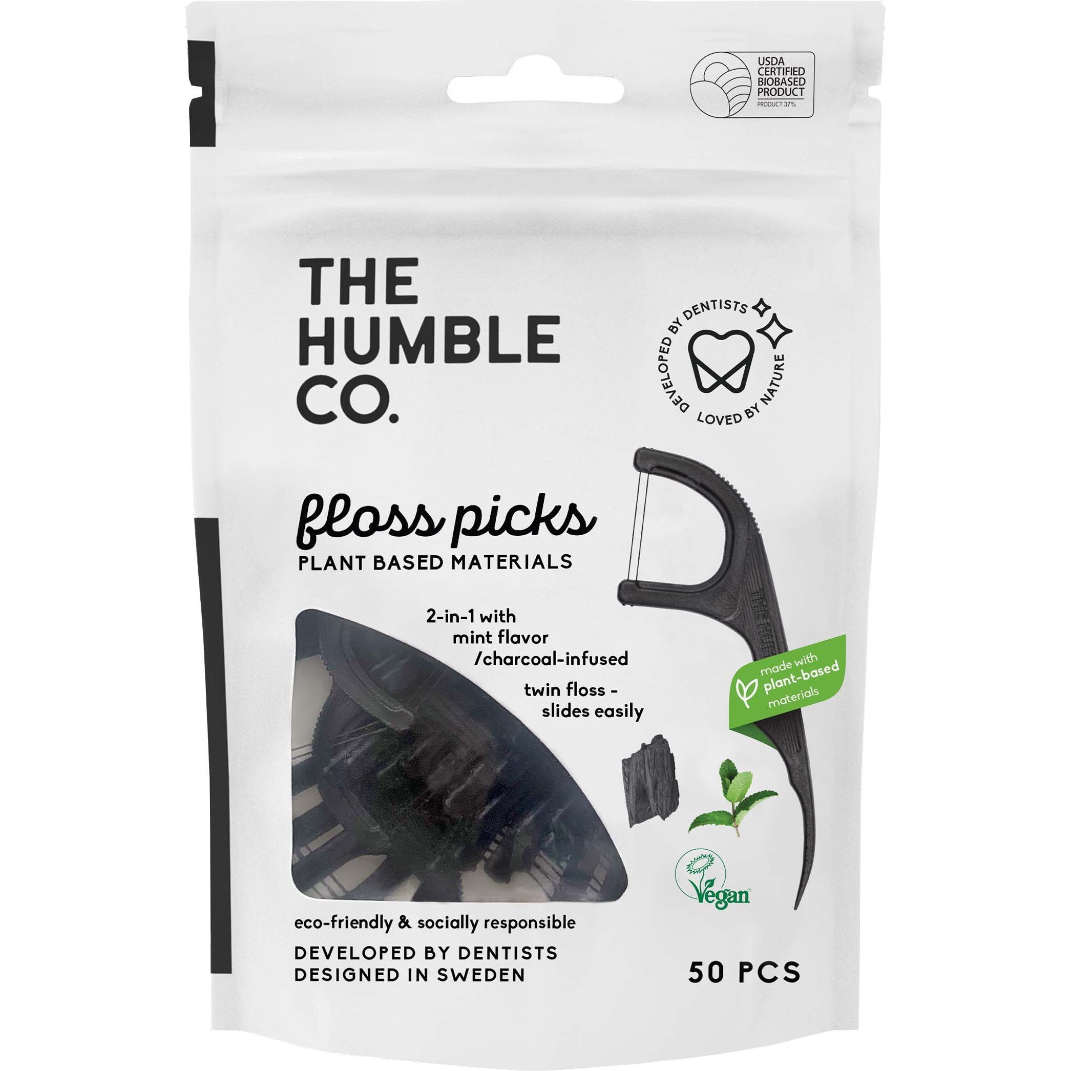 The Humble Co Dental Floss Picks Charcoal 50 pcs