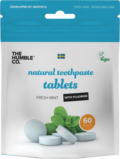 Naturliga tuggtabletter med färsk myntasmak, fluor, veganska, utvecklade av tandläkare, 60 tabletter i en återförslutbar påse.