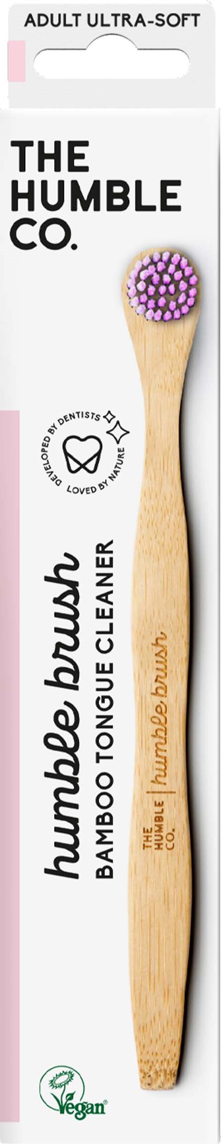En bambukefva med rosa och lila borsthuvud, förpackning märkta "Humble Bubble" och "Vegan".
