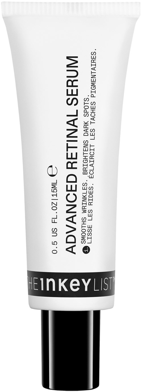 En hvit tube merket 'Advanced Retinal Serum' med svart tekst og svart lokk.