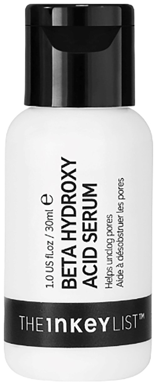 En liten hvit flaske med svart lokk merket Beta Hydroxy Acid Serum for å hjelpe med pore.