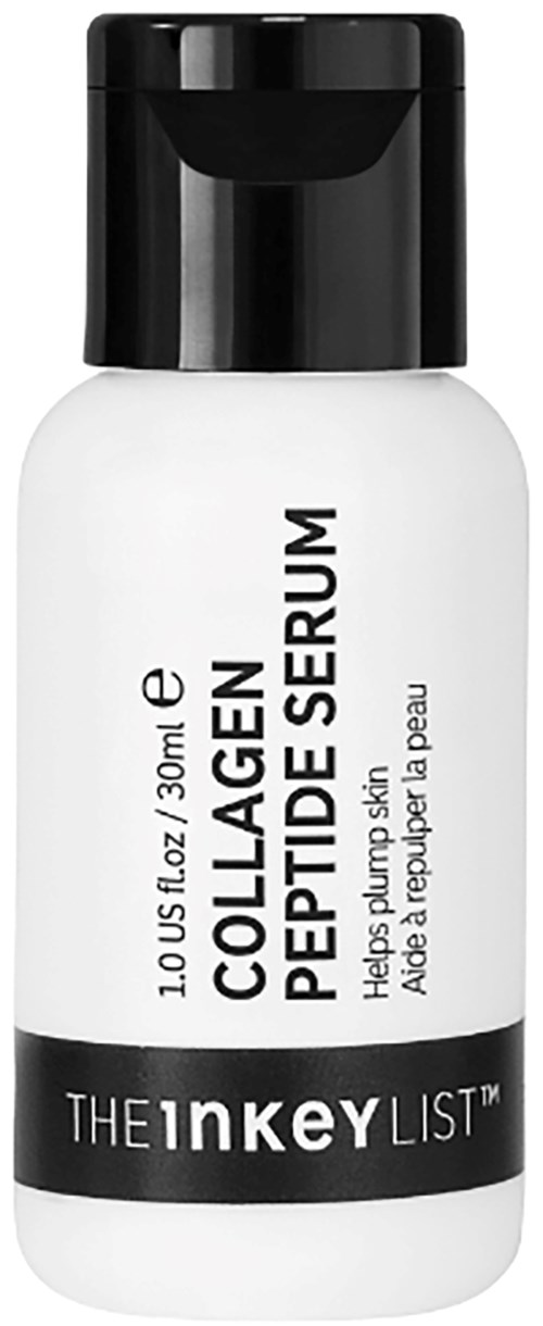 A small white bottle with black cap, labeled Collagen Peptide Serum, from The Inkey List for skin.