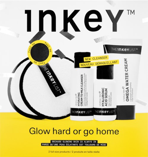 Tre hudpleieprodukter og logo med slagordet 'Glow hard or go home.'