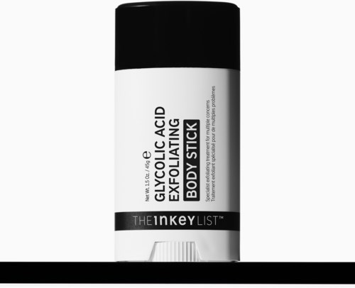 A white body stick container with black cap for skincare with black and white label.