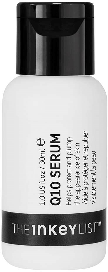 Valkoinen pullo mustalla kierteellä, merkki Q10 Serum ihonhoitoon, 30 ml.