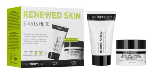 Obraz przedstawia produkty do pielęgnacji skóry i opakowanie marki The Inkey List, skupione na odnowieniu skóry i anti-aging.