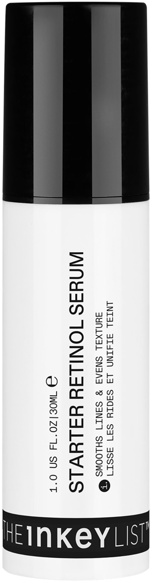 Valkoinen pullo, jossa musta korkki, etiketti 'Starter Retinol Serum' ja 'The Inkey List' -brändäys.