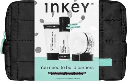 Ett hudvårdsset i en svart dragkedjeförsedd väska med produkter och ett kort som säger "You need to build barriers."