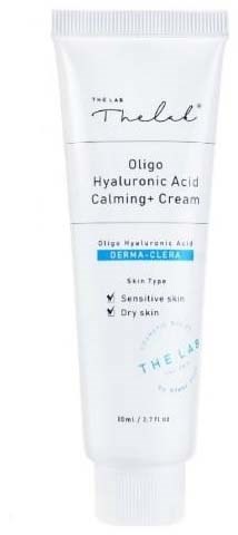 A white tube of The Lab Oligo Hyaluronic Acid Calming + Cream with blue accents, for sensitive and dry skin.