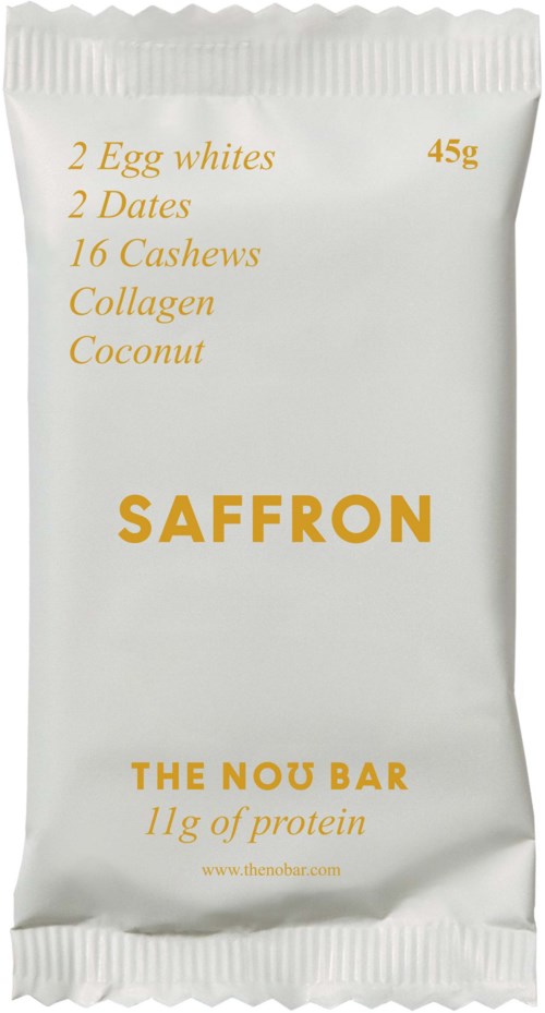 Saffron The Nou Bar batonik proteinowy z wymienionymi składnikami i wagą, projekt opakowania z brandingiem i stroną internetową.