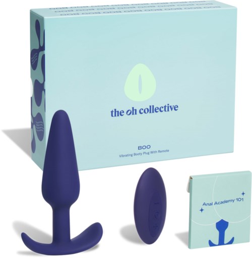 A box labeled 'the oh collective' contains a blue dildo, remote control, and a booklet called 'Anal Academy 101.'