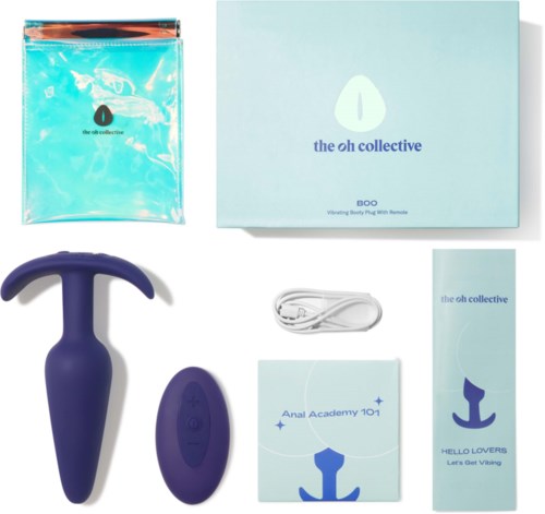 A set of adult toys and accessories in pastel blue boxes, including a remote-controlled item, lube, and informational booklets.