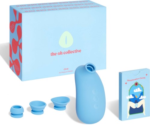 En blå enhet med tre olika silikonfästen, en box och en liten bok, som är en del av ett välmåendekit.