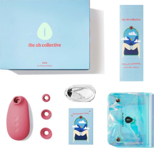Bild visar en rosa enhet, tre ringar, ett klart silikonfodral, samt en box och klistermärke med oh collective-logotypen.
